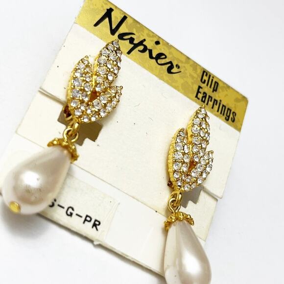 Napier Vintage Pave Crystal & Pearl Drop Clip Earrings - Picture 2 of 6